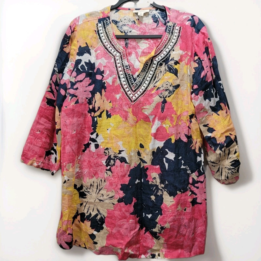 Luxury Charter Club 100% Linen Womens Top XL Beaded Tropical Hawaiian Watercolor